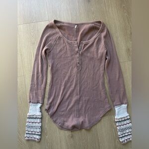 Free People Alpine Cuff Henley Thermal Top Waffle Fair Isle Ski Lodge Size S